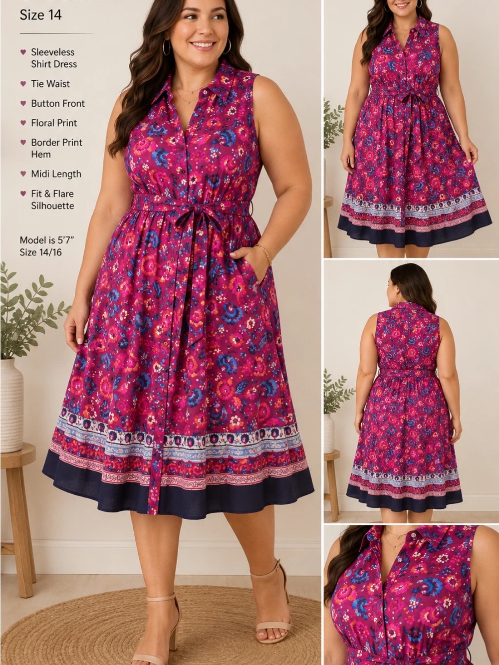 NWT Lane Bryant Floral Shirt Dress SIZE 18 Pink Purple Sleeveless Cottagecore